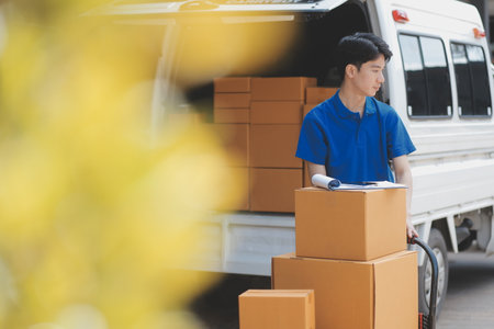 Truck Mover Unloading Van Carrying Boxes And Moving Houseの写真素材