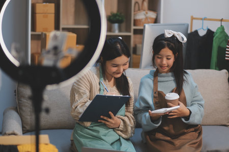Young asian women happy after new order from customer. Surprise and shock face of asian woman success on making big sale of his online store. Online Selling. Online Shoppingの写真素材