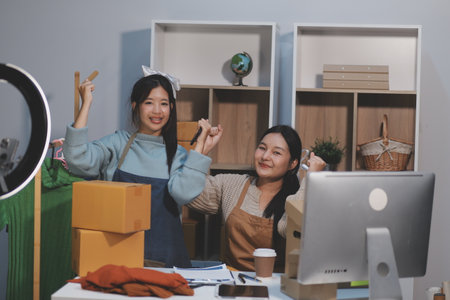 Young asian women happy after new order from customer. Surprise and shock face of asian woman success on making big sale of his online store. Online Selling. Online Shoppingの写真素材