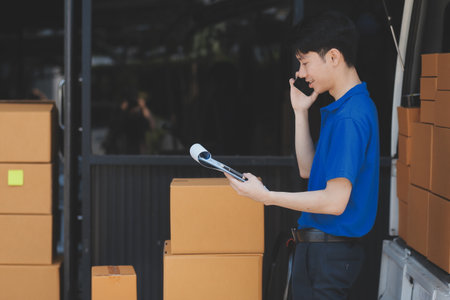 Truck Mover Unloading Van Carrying Boxes And Moving Houseの写真素材