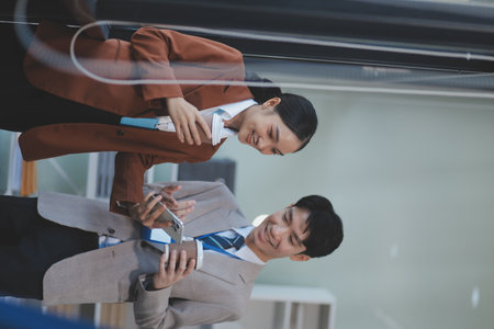 Successful young business people talking, working together in front of modern business buildingの写真素材