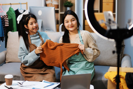 Young asian women happy after new order from customer. Surprise and shock face of asian woman success on making big sale of his online store. Online Selling. Online Shoppingの写真素材