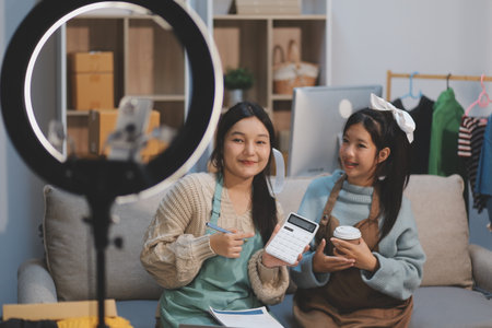 Young asian women happy after new order from customer. Surprise and shock face of asian woman...