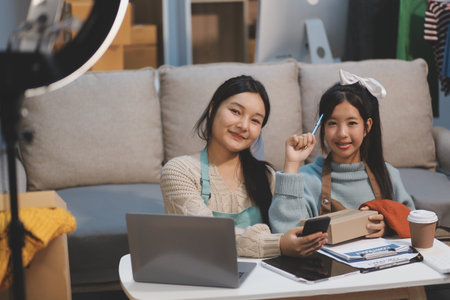 Young asian women happy after new order from customer. Surprise and shock face of asian woman success on making big sale of his online store. Online Selling. Online Shoppingの写真素材