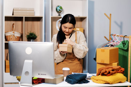 Young asian women happy after new order from customer. Surprise and shock face of asian woman...