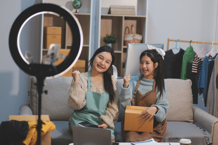 Young asian women happy after new order from customer. Surprise and shock face of asian woman success on making big sale of his online store. Online Selling. Online Shoppingの写真素材