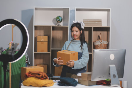 Young asian women happy after new order from customer. Surprise and shock face of asian woman...