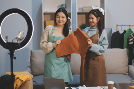 Young asian women happy after new order from customer. Surprise and shock face of asian woman success on making big sale of her online store.の写真素材