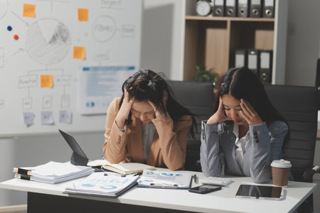 Asian women are stressed while working on laptop, Tired asian businesswoman with headache at office, feeling sick at work, copy spaceの写真素材
