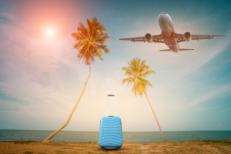 Passenger airplane and tropical palm on a paradise island, Palm leaves with party on beach background in summer time, Summer vacation, Travel conceptの写真素材