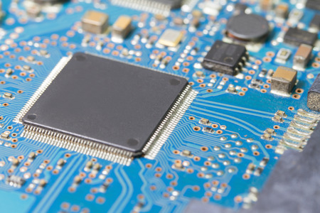 close up of Old electronic circuit chip on pcb board