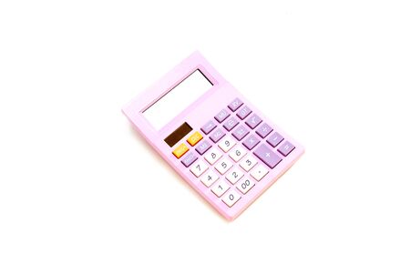 Purple calculator isolated on white backgroundの写真素材