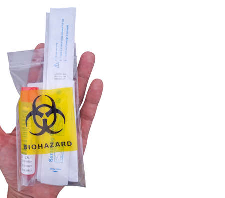 High angle, plague test kit, palm, covid-19, coronavirus, and markers (biological hazard), copy...