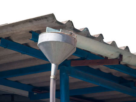 White double corrugated roof corner, with gutter (simple build), white background, Thailandの写真素材