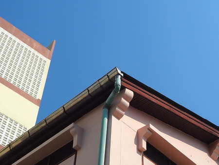 Low angle view, roof corner with  stainless steel gutter, asia
