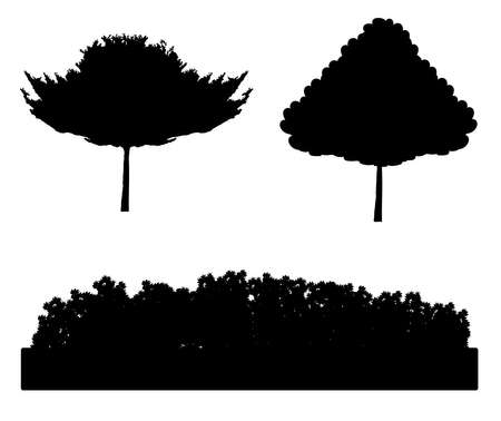 silhouette and vector illustration. 2 medium bushes, and draped over, white background and copy space.のイラスト素材