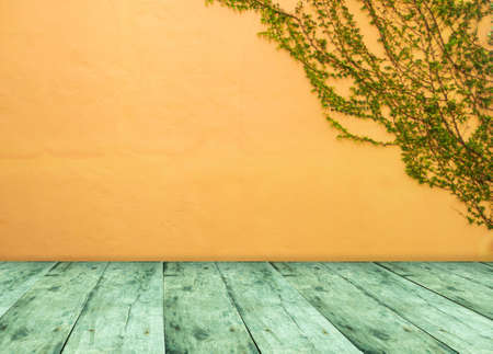 wooden table perspective, orange wall and green ivyの写真素材