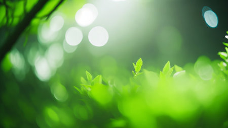 Blurred background. Green nature, leaves and branches with morning sun light bokeh. generative aiの素材
