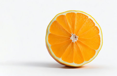 Orange fruit (Citrus) dissected and shadow. Copy space and white background. generative aiの素材