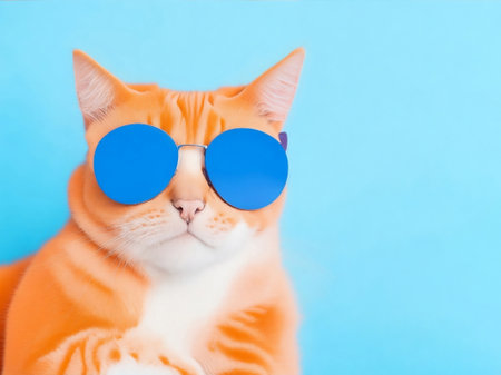 Portrait and closeup, ginger cat wearing sunglasses.  light blue background,  isolated and copy space . generative aiの素材