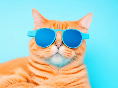 Portrait and closeup, ginger cat wearing sunglasses. light blue background, isolated and copy space . generative aiの素材