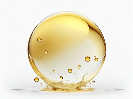 Realistic illustration of golden air bubbles or golden water droplets. white background. generative aiの素材