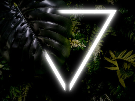 Dark leaves of trees background. dark green neon light and glowing with triangle shape.