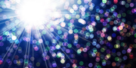 White sunlight and ray with multicolor particles bokeh bubble and gradient blurred on blue background. abstract background circle many color overlay.の写真素材