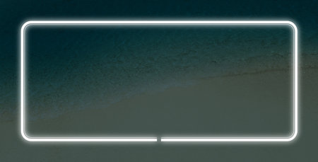 Neon light glowing of rectangle frame. Clear Turquoise sea and sand beach on a sunny and clear day....
