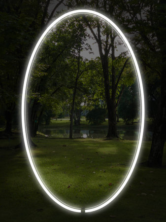 Dark forest and trees in a park. Behind is a pond or lake.の写真素材