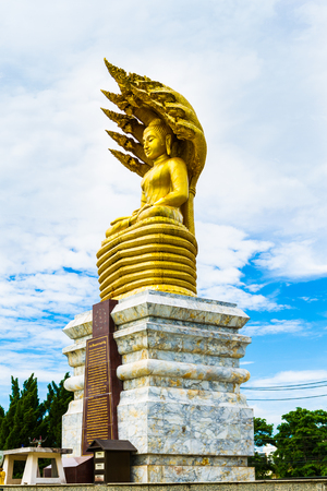The gold buddha sitting outdoor and blue sky.の写真素材