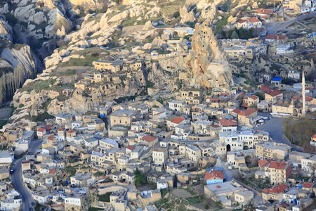 GOREME, TURKEY - APRIL, 14: Hot air balloon fly over Cappadocia on April 14, 2014 in Goreme, Cappadocia, Turkeyのeditorial素材