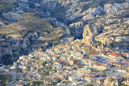 GOREME, TURKEY - APRIL, 14: Hot air balloon fly over Cappadocia on April 14, 2014 in Goreme, Cappadocia, Turkeyのeditorial素材
