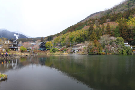 Yufuin FUKUOKA, JAPAN - March 21: Yufuin in Fukuoka, Japan on March 21, 2014. natural landmark of Yufuin besides Mount Yufu is Lake Kinrinko. The small lake is located at the end of the town's main walking route.のeditorial素材