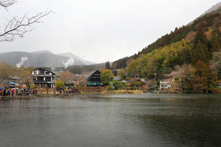Yufuin FUKUOKA, JAPAN - March 21: Yufuin in Fukuoka, Japan on March 21, 2014. natural landmark of Yufuin besides Mount Yufu is Lake Kinrinko. The small lake is located at the end of the town's main walking route.のeditorial素材