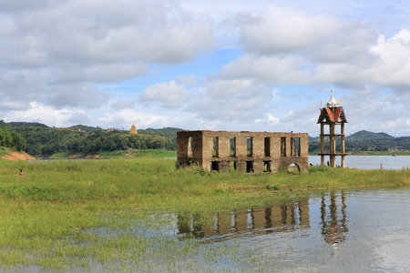the Sunken temple, sinking temple at Sangkhlaburi district, Kanchanaburi province, Thailand.の写真素材