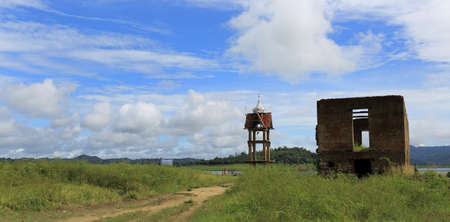 the Sunken temple, sinking temple at Sangkhlaburi district, Kanchanaburi province, Thailand.の写真素材