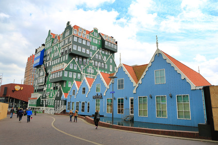 ZAANDAM, NETHERLANDS - APR 19: Inntel Hotel on 19 Apr 2015 in Zaandam, NL. Opened in 2009, the design attracts guests by incorporating the traditional architecture of the Zaan region.のeditorial素材