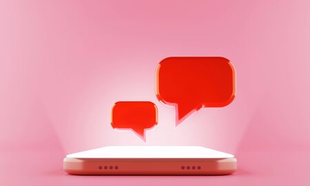 3d rendering Chat speech bubble display floating on the shining screen smartphone.の写真素材