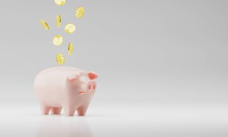 Realistic 3d rendering Pink Ceramics Piggy Bank and Floating Coins Isolated on White Background....