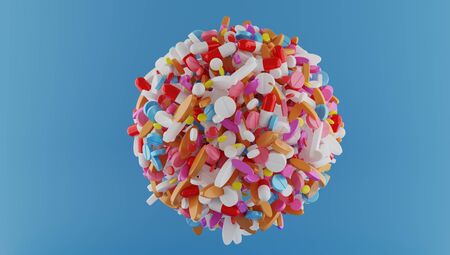 3d rendering sphere of multi colors pills on color back ground.