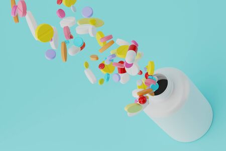 3d rendering open bottle and splash medicine pills