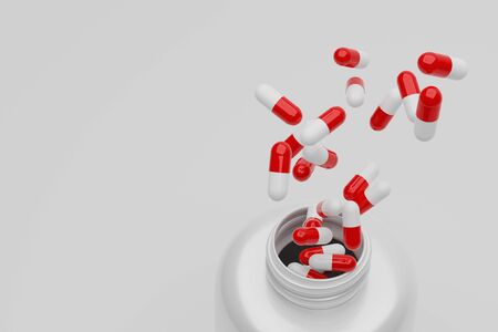 3d rendering close up open bottle and splash capsules  pillsの写真素材