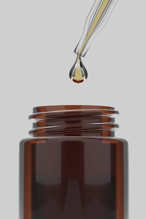 3d rendering Close up Essential oils serum with water drops in to the bottle on white background.の写真素材