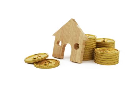House shape figure and pile of coins white background. Business, financial, savings money for home conceptの写真素材