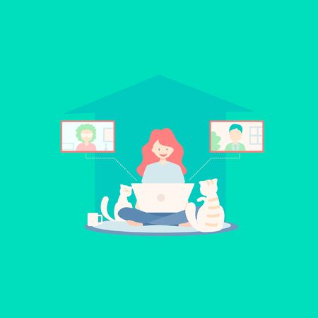 Working at home, people, woman freelancers working on laptops and digital conference at home. People at home in quarantine. concept illustration.のイラスト素材