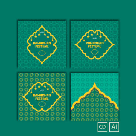 Set of editable minimal square banner templates. Green and yellow background color with ramadan pattern design. Great for web posts and social mediaのイラスト素材