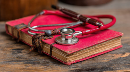 A classic red medical book paired with a stethoscope and pen on a rustic wooden surface, illustrating the timeless connection between medicine and education in a warm, inviting setting.の素材