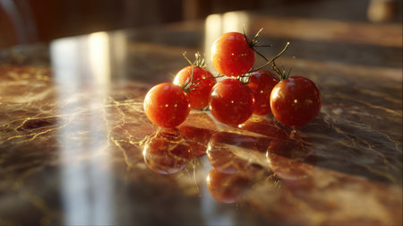 A beautiful arrangement of fresh red cherry tomatoes on a glossy marble surface, captured in soft natural light that enhances the vibrant color and texture of the fruit.の素材
