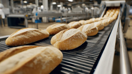 A detailed view of freshly baked bread loaves traveling on a conveyor belt in an industrial bakery, highlighting the food production process and quality control measures in action.の素材